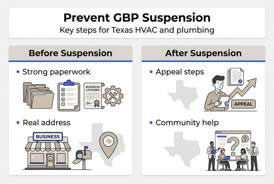Infographic showing GBP suspension prevention steps