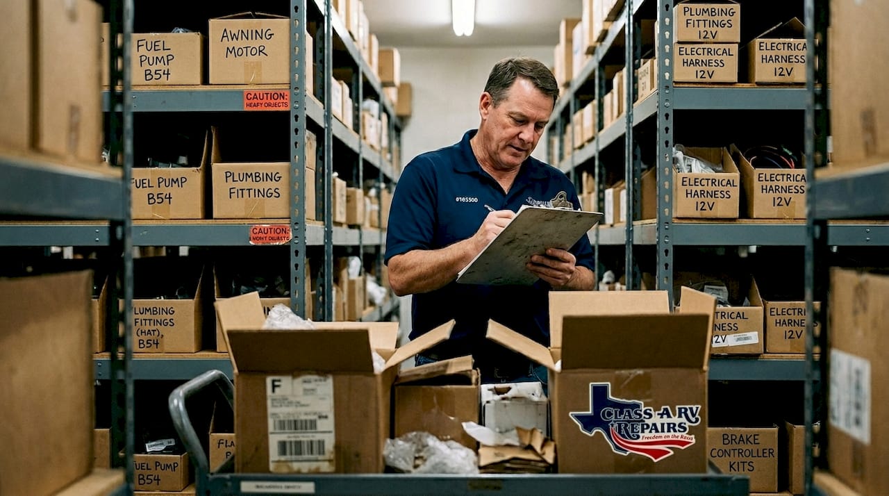 Parts inventory stockroom in RV repair shop
