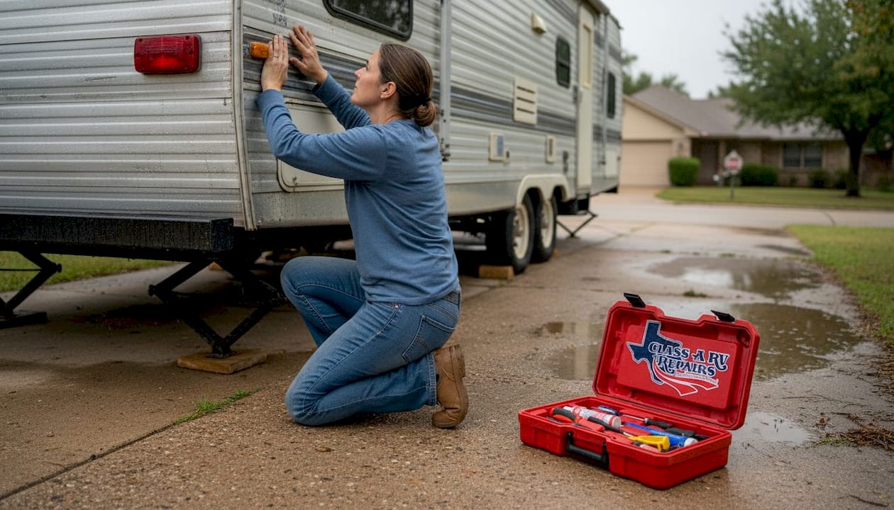 Owner checking trailer for storm damage