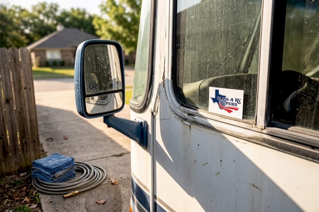 Weathered RV sealant near window frame