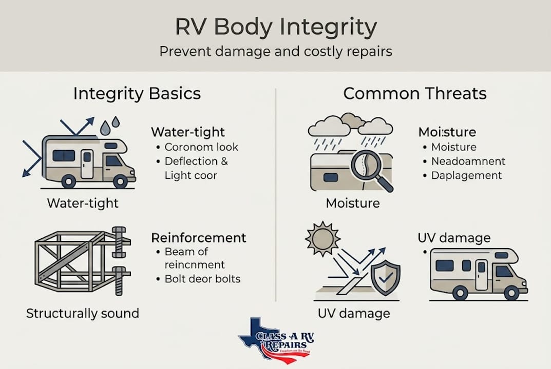 Infographic showing RV integrity basics and threats