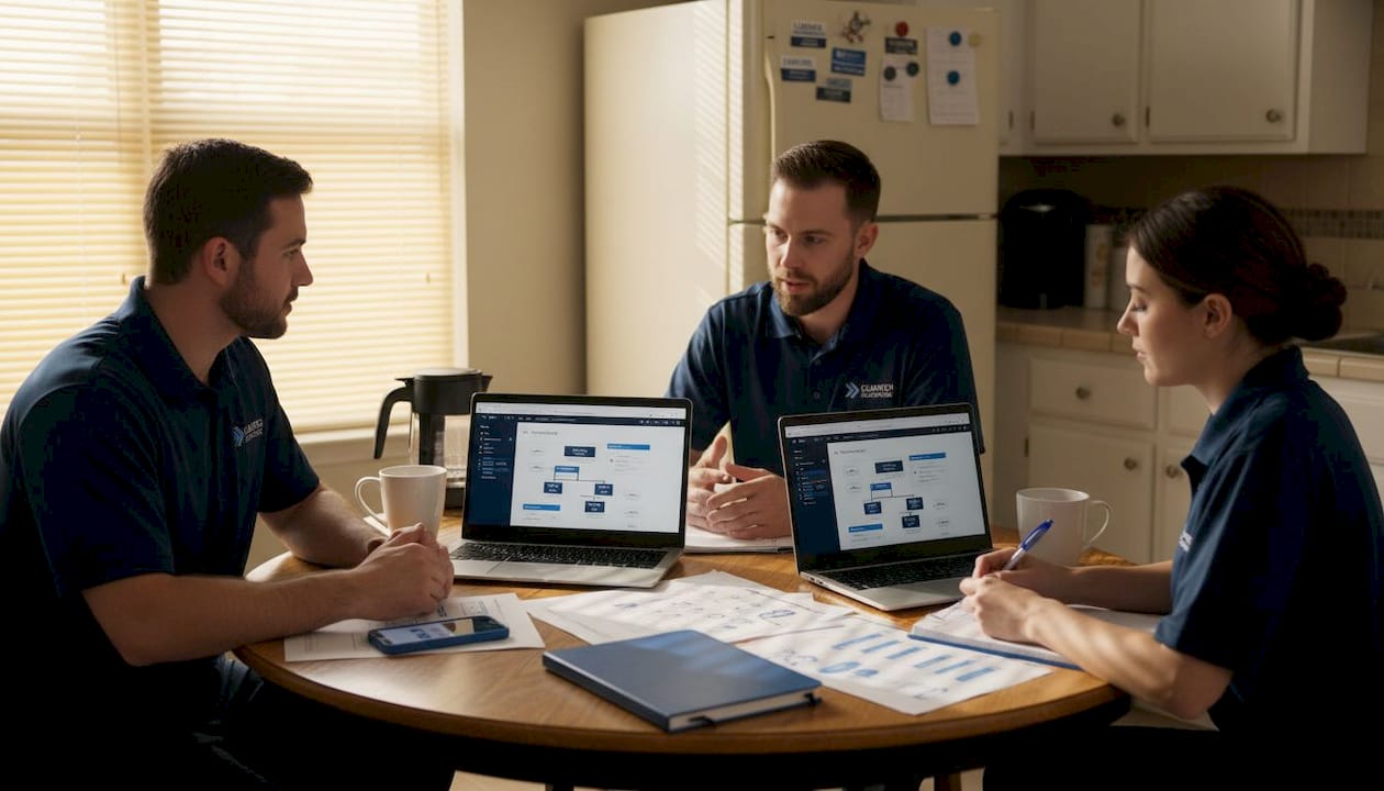 HVAC team collaborates at kitchen table