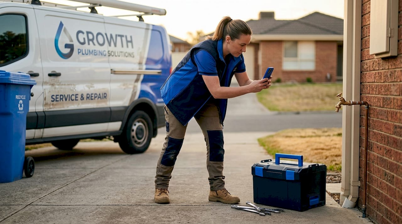 Plumber takes job site photo outside van