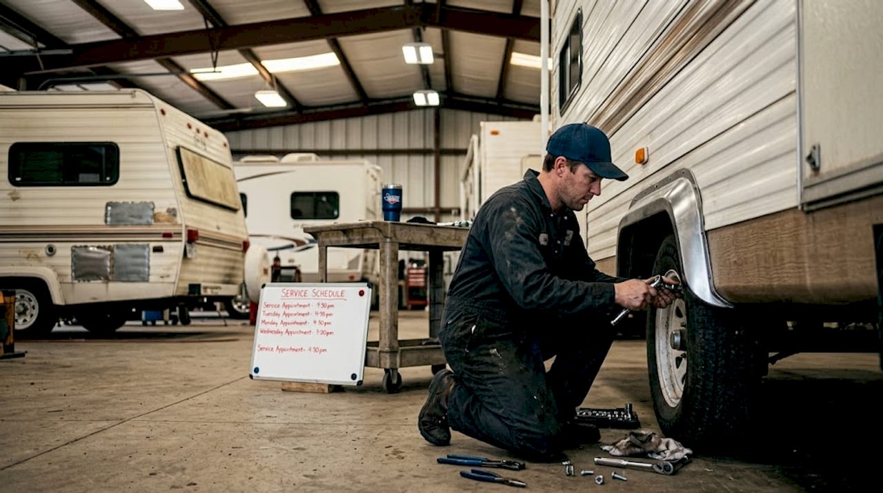 Mechanic repairing RV fender in Texas shop
