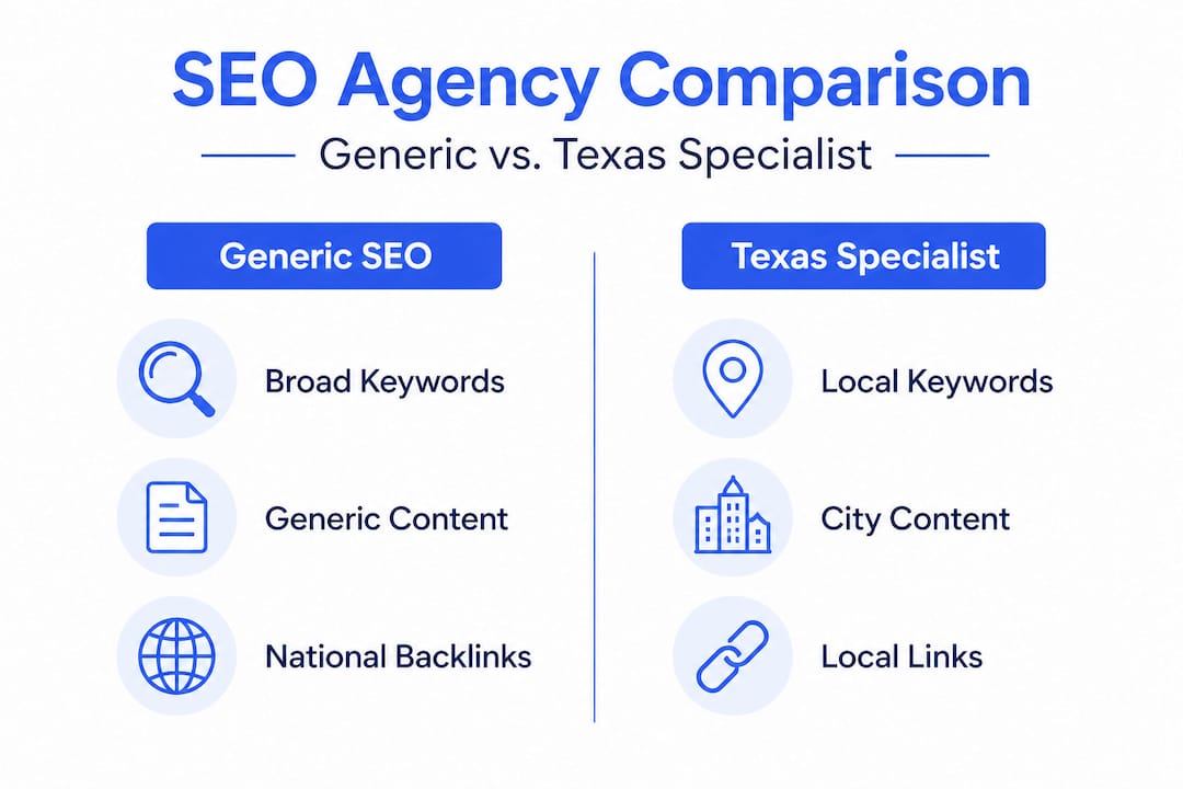 Infographic comparing generic vs. Texas SEO agency