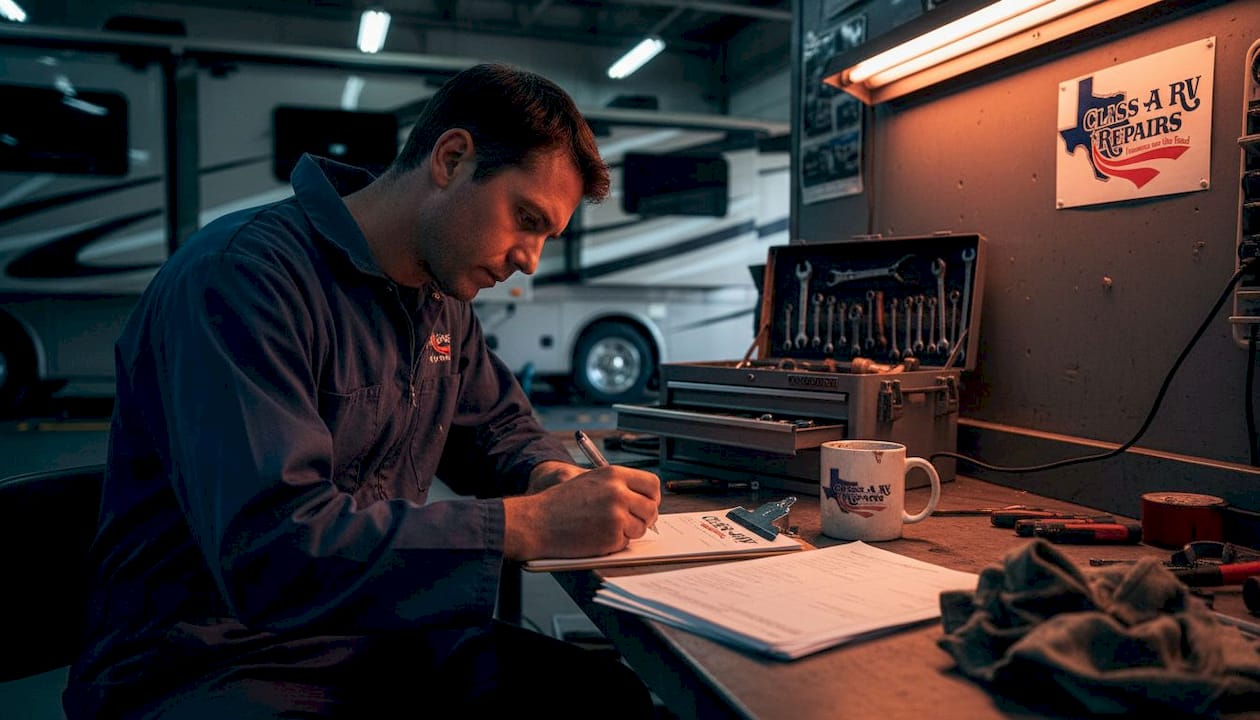 Technician writing RV repair estimate paperwork