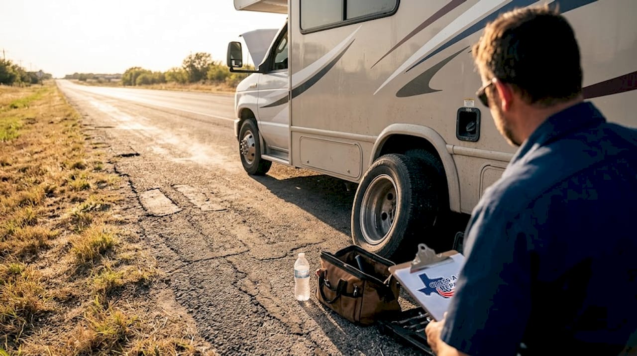 RV with flat tire on hot Texas roadside