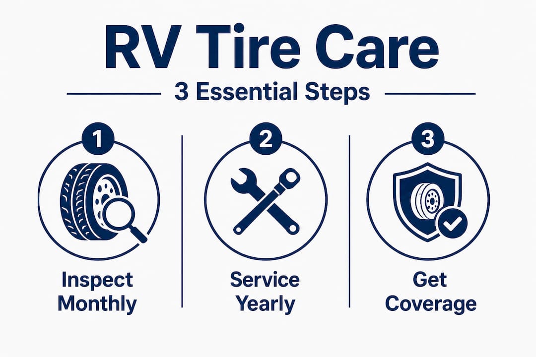 Infographic showing three essential RV tire care steps