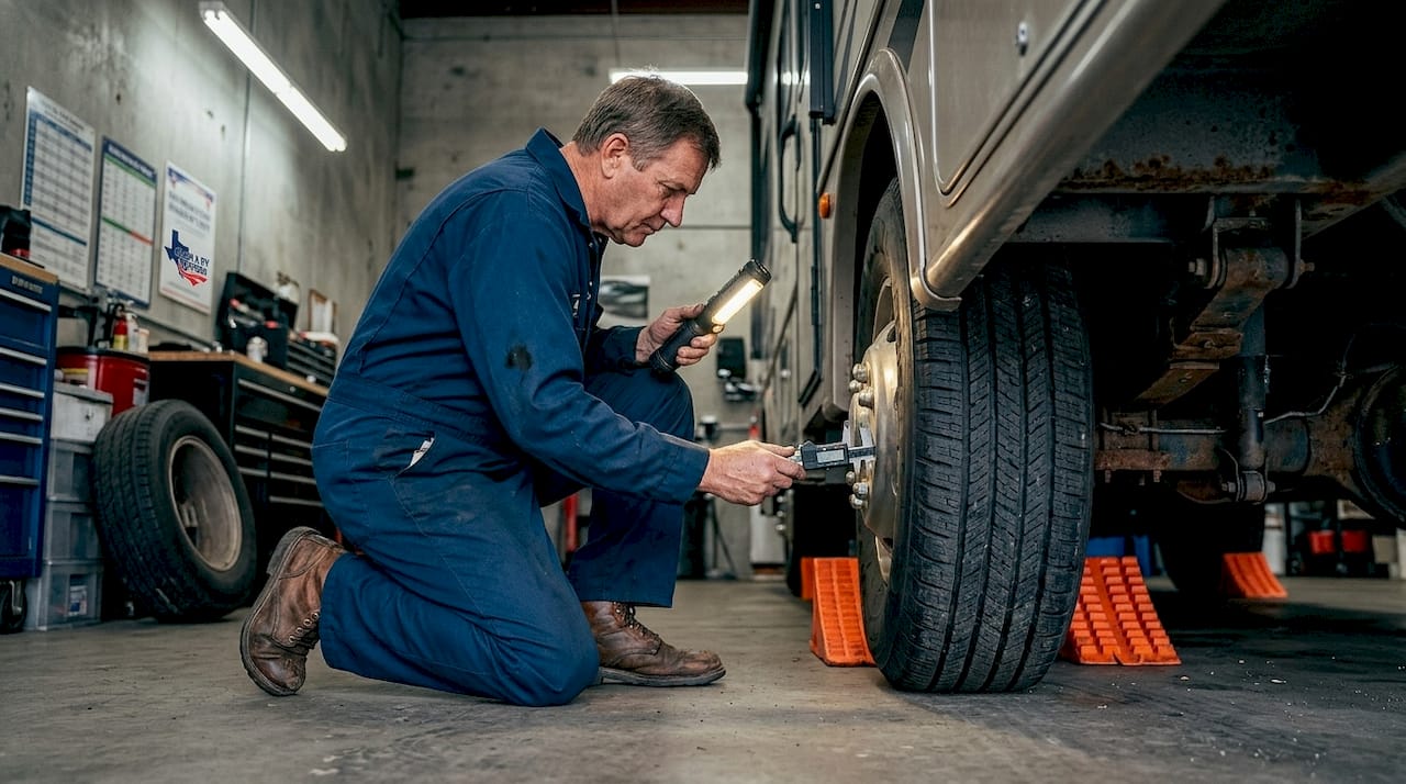Mechanic inspecting RV tire for heat aging