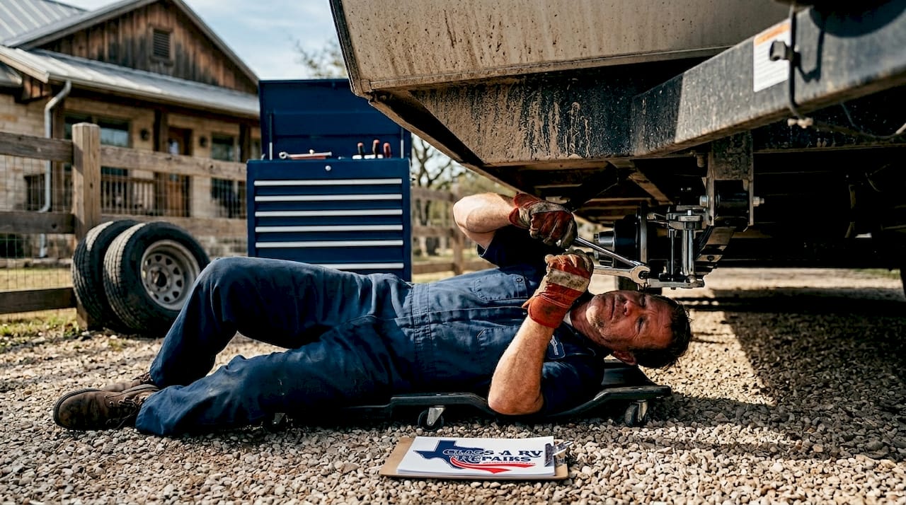 Mechanic installing suspension under travel trailer