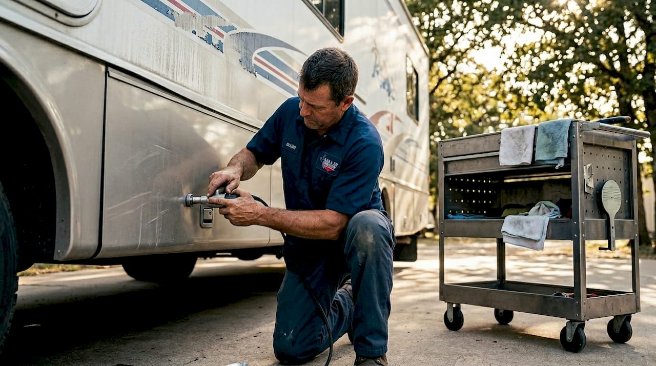 Technician performing paintless dent repair on RV