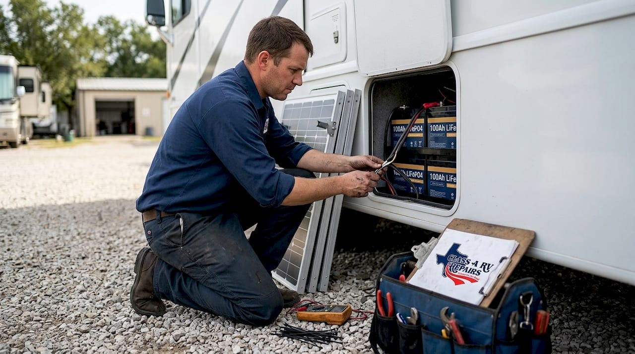 Technician upgrading RV batteries and solar