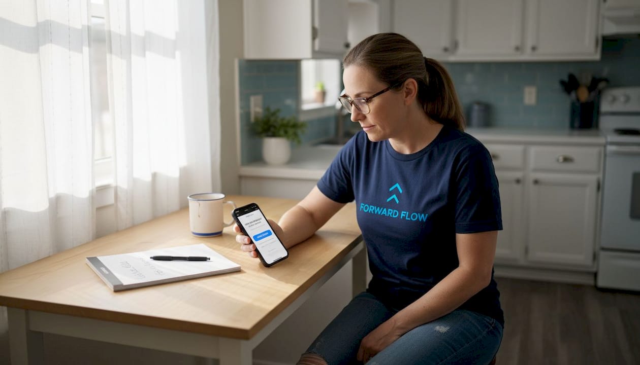 Plumber sending CRM review request at kitchen table