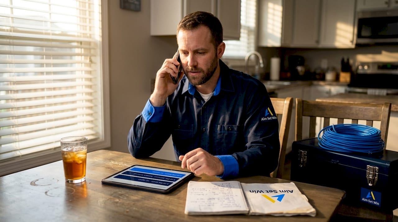 HVAC technician at kitchen table taking phone call