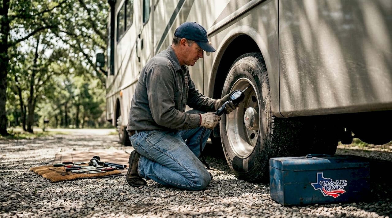 Man checks RV tire pressure with monitor