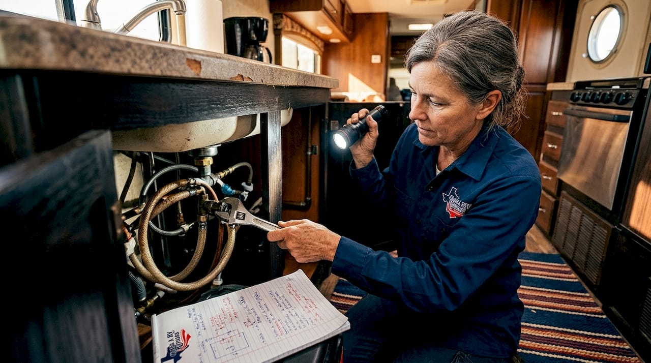 Woman inspecting RV kitchen water system