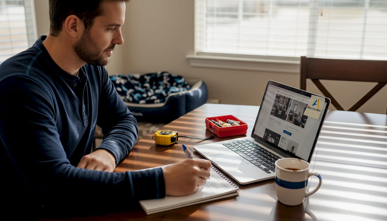 Home service owner reviewing website at kitchen table