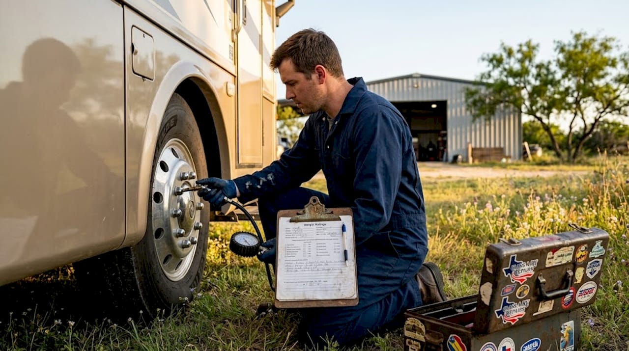 Technician inspecting RV tires and clipboard