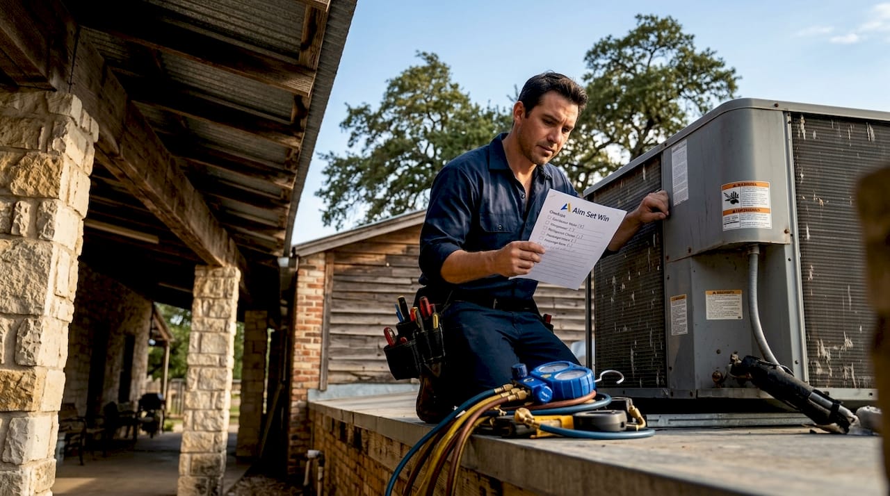 Technician addressing HVAC unit on Texas rooftop
