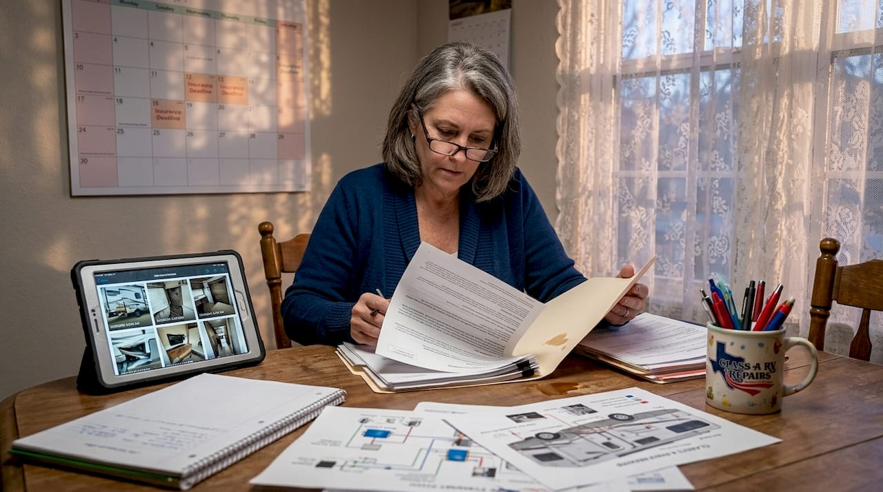 Home paperwork scene with RV claim documentation