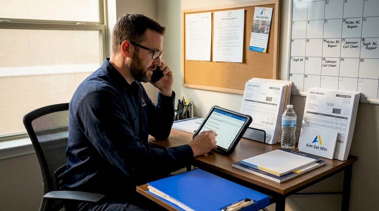 HVAC technician reviews checklist in office