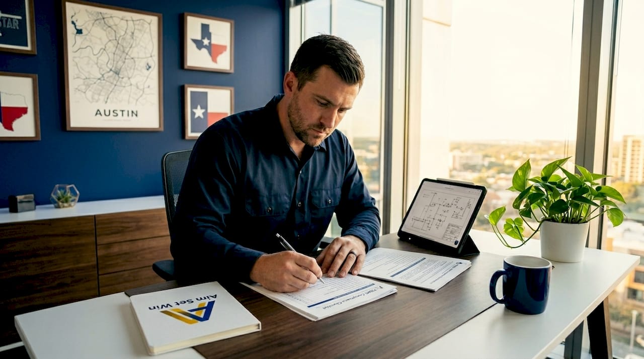 Plumber reviewing registration paperwork at desk