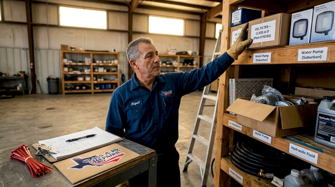 Technician accessing RV parts storage inventory