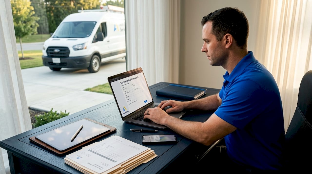 Home service owner reviewing booking form at desk