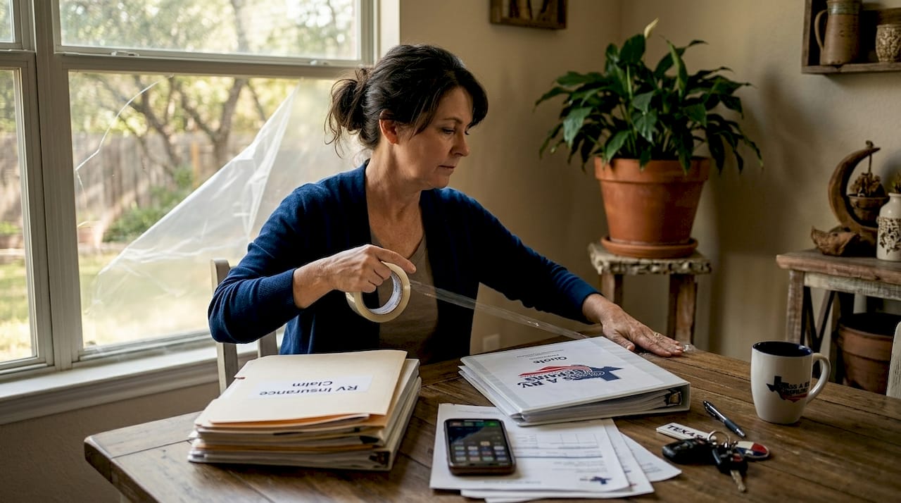 Woman organizes RV claim documents in kitchen