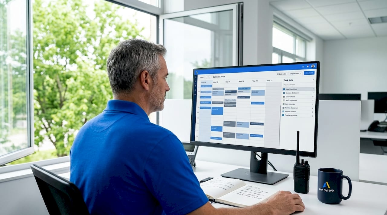 Technician reviews job schedule at dispatch office desk