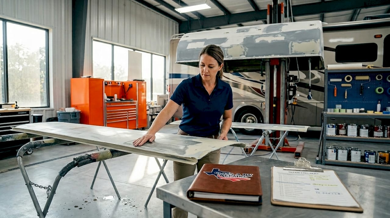 Service manager inspecting RV hail repair bay
