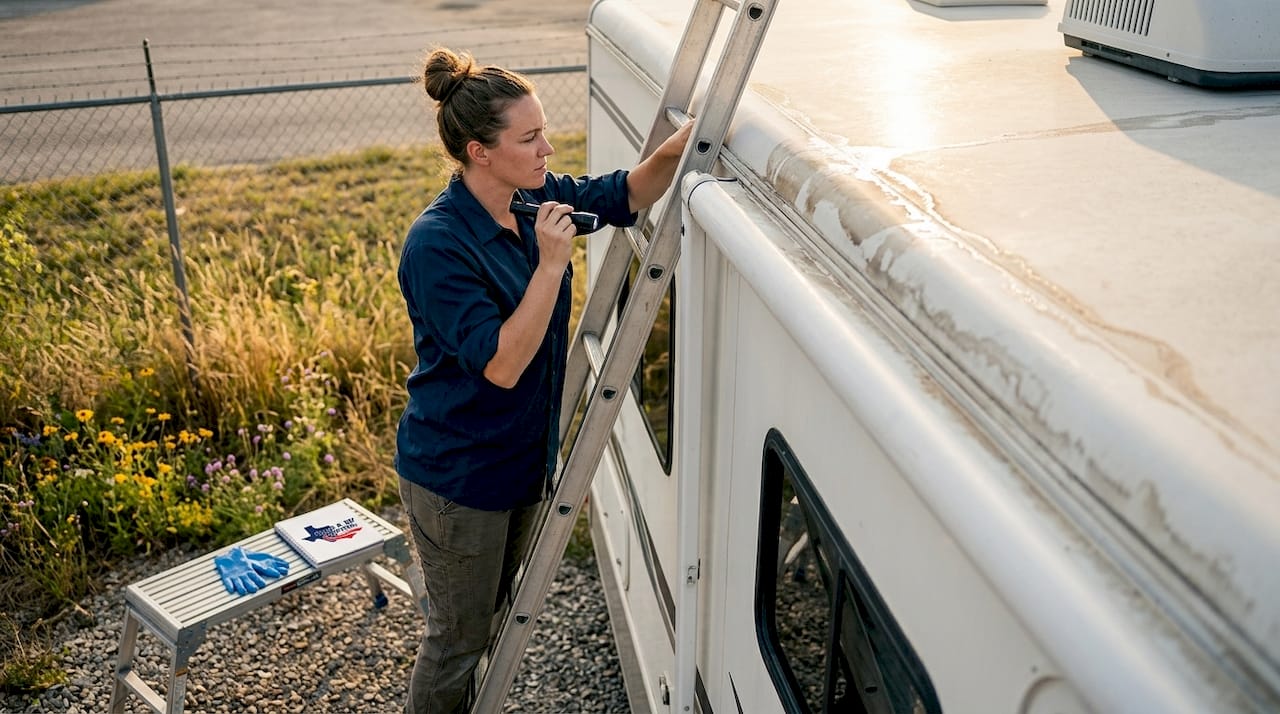 Technician inspects Class A RV roof seams