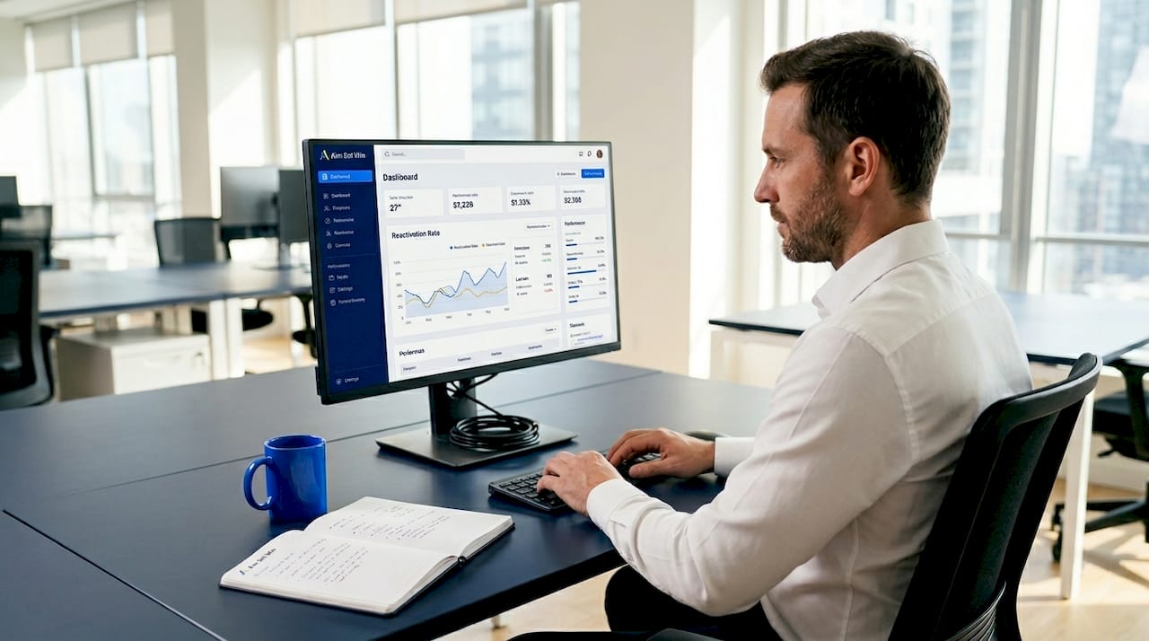 Manager reviewing CRM dashboard for reactivation