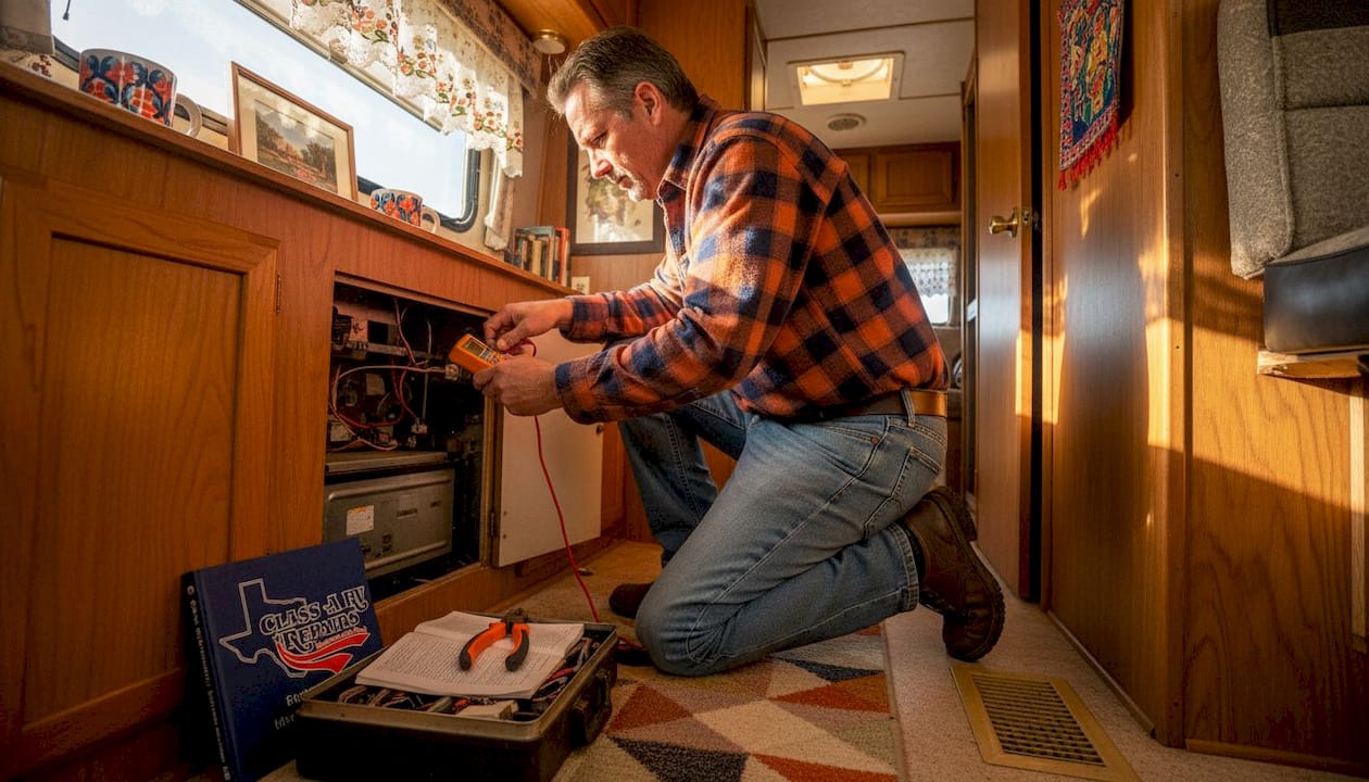 Checking battery voltage beside open RV furnace