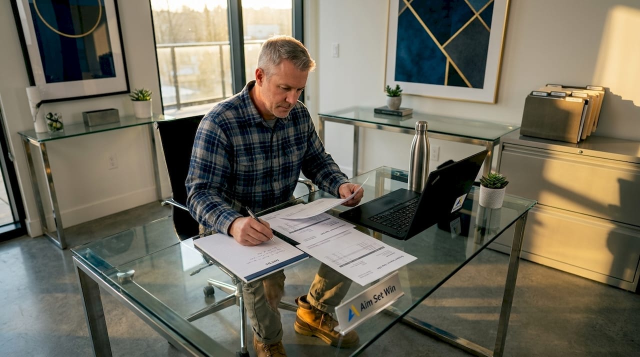 HVAC business owner reviews invoices at desk