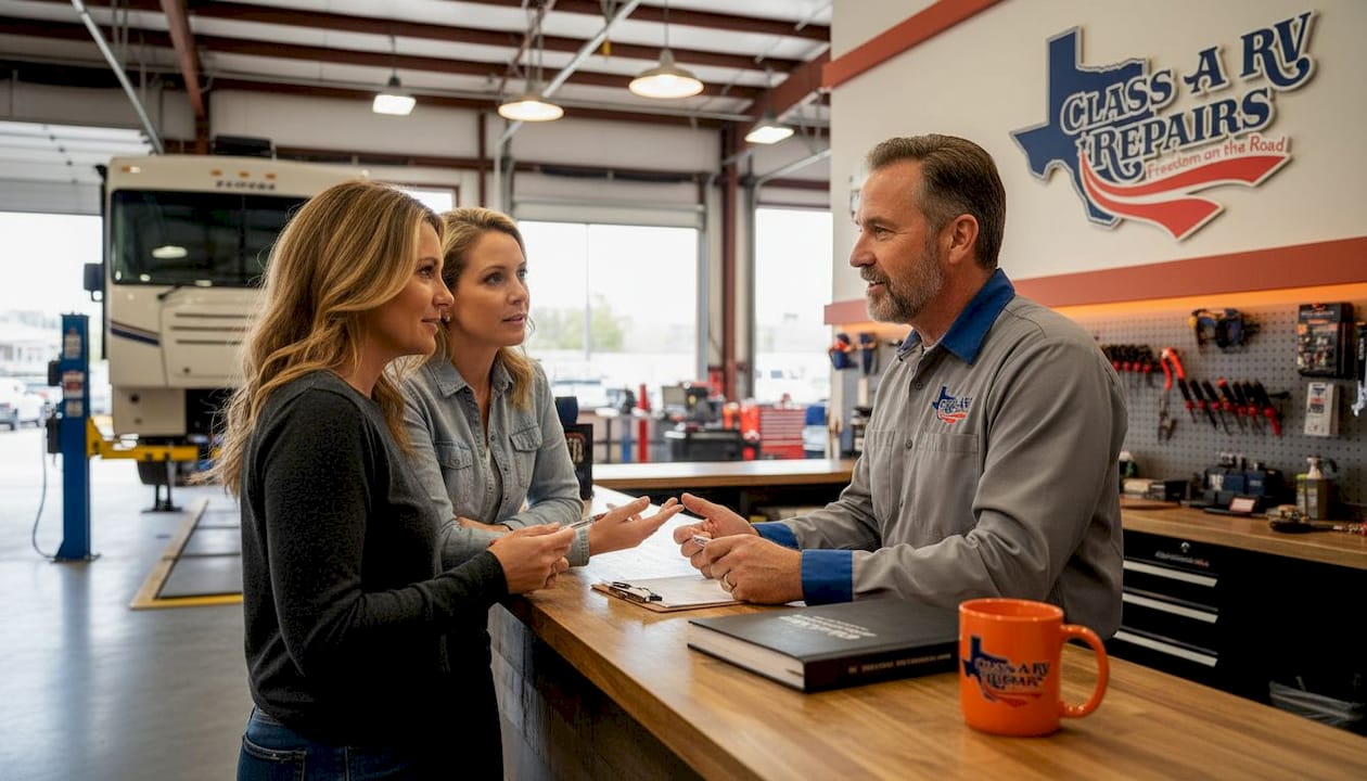 RV mechanic discussing repair with customers in shop