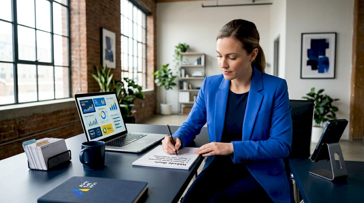 Marketer writing goals at home office desk