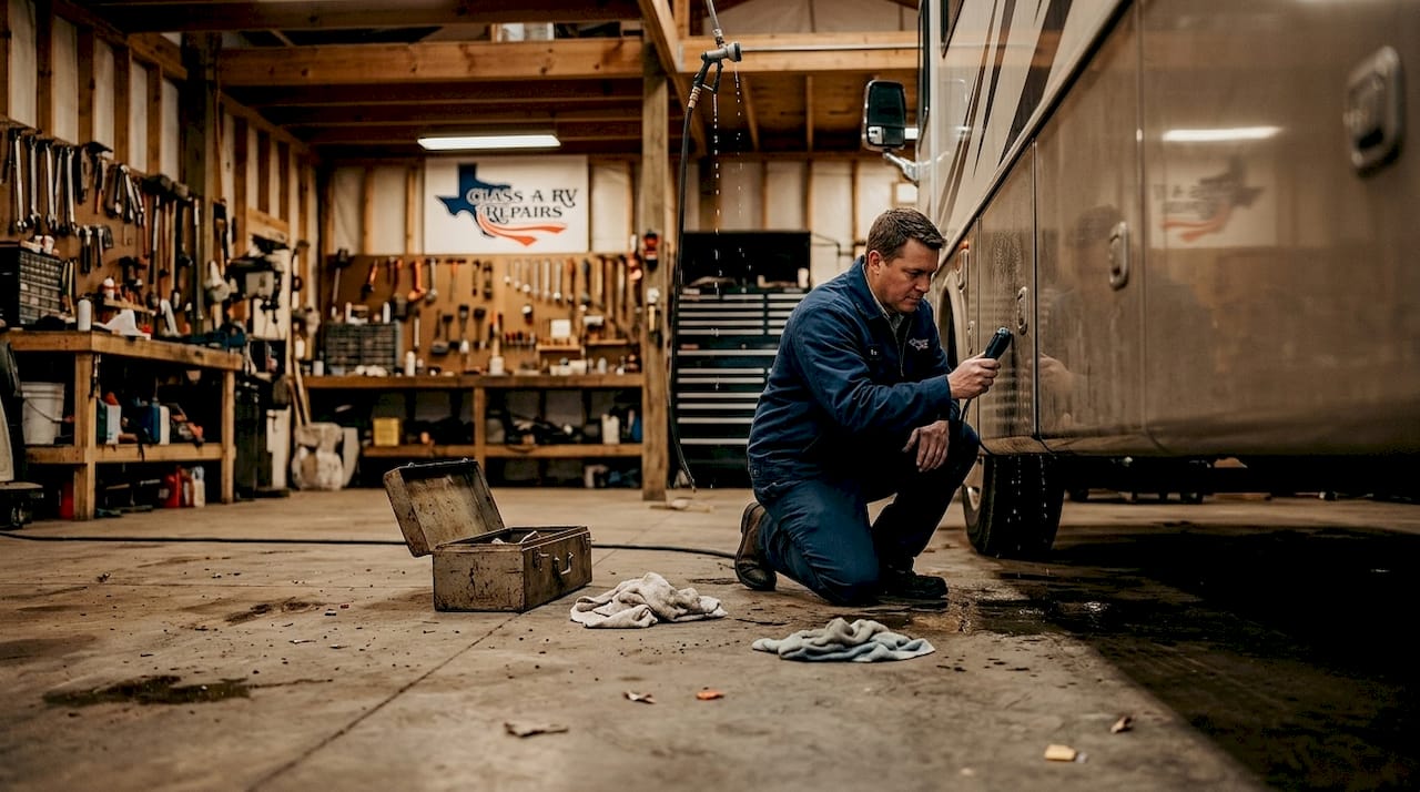 Technician testing RV for leaks in service bay