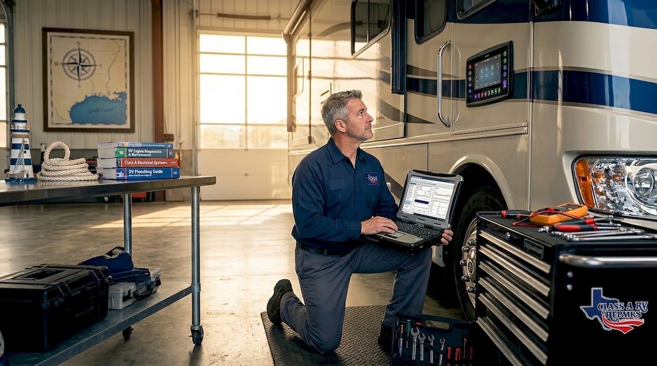 Technician reviews RV diagnostics in service bay