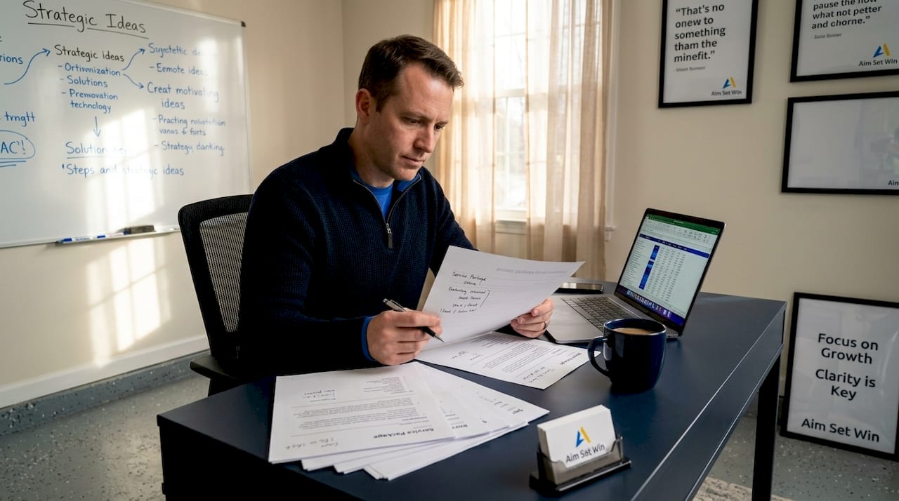 Business owner reviews service packages at cluttered desk