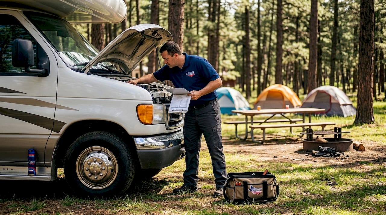 RV technician servicing motorhome at campsite