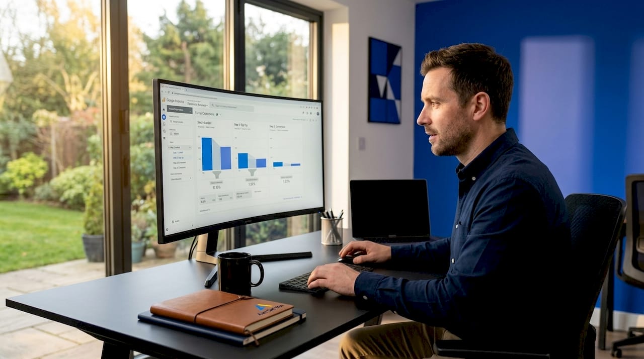 Marketer reviews analytics dashboard at cluttered desk
