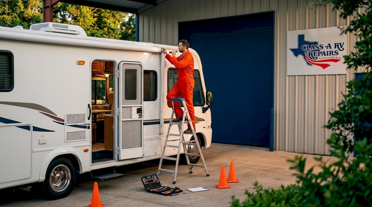 RV technician inspects roof edge from ladder