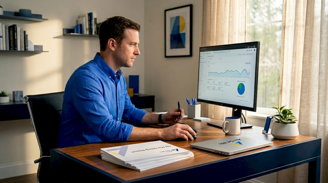 Marketing analyst reviewing website analytics in home office