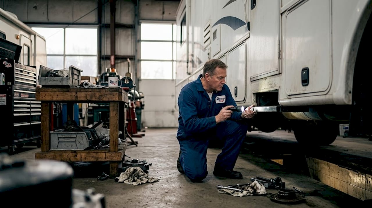 Technician inspecting an RV frame in shop