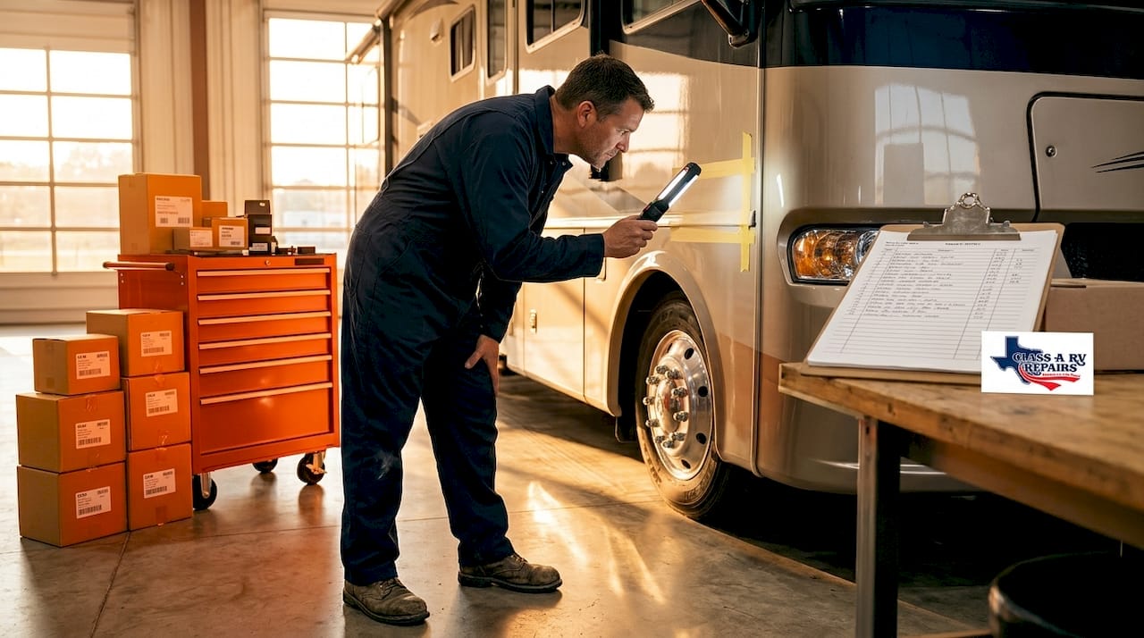 Technician inspects RV bodywork in workshop