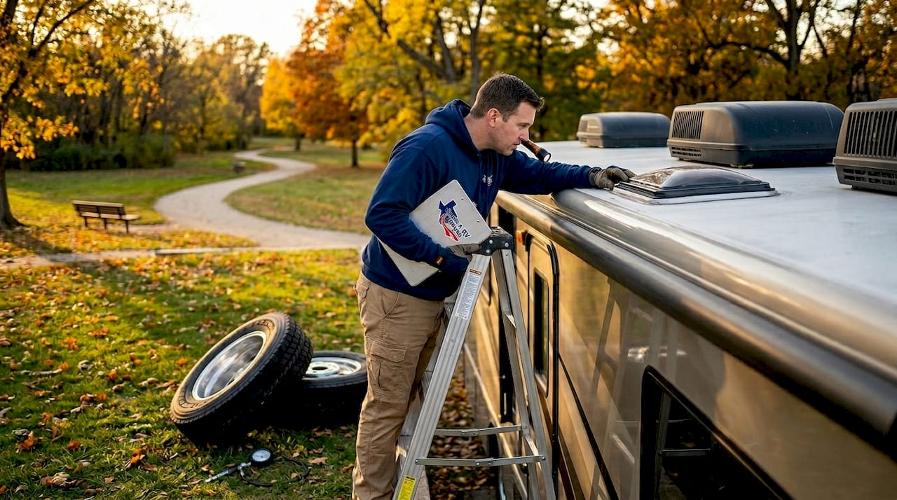 Person inspecting RV roof and tires