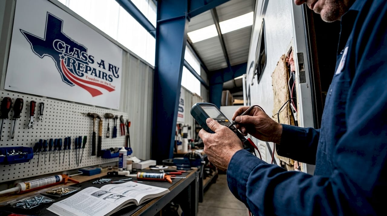 Technician inspecting RV interior panel