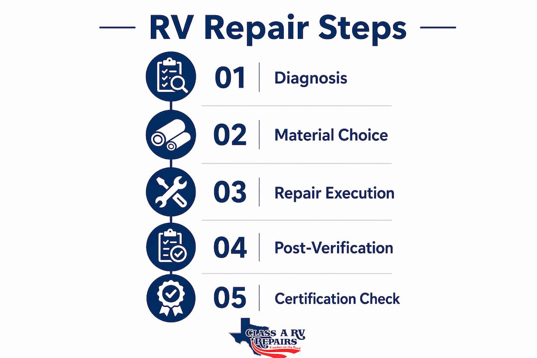 Infographic showing five key RV repair workmanship steps
