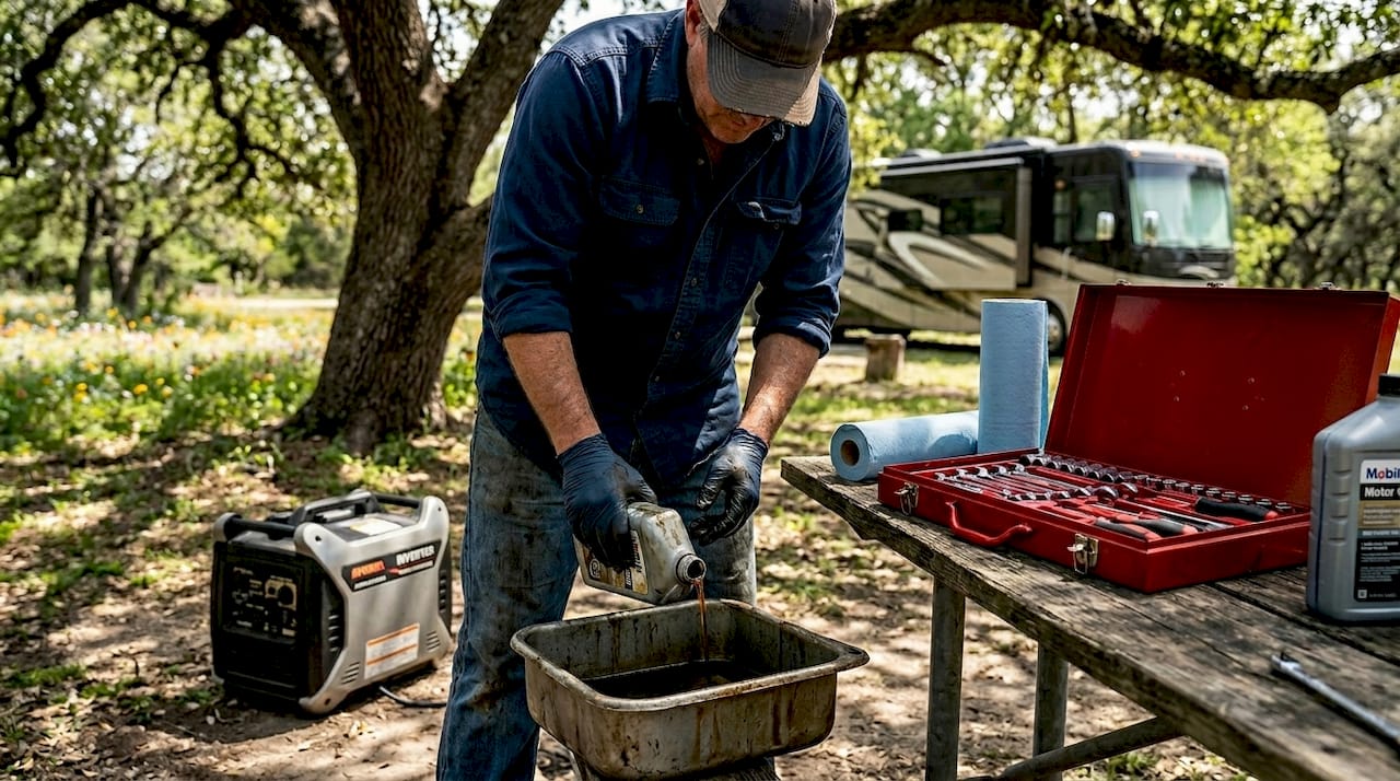 Person changing RV generator oil outdoors